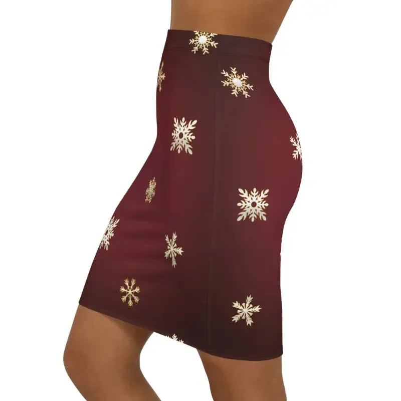 Snowflakes on Maroon Womens Mini Skirt with Stretch