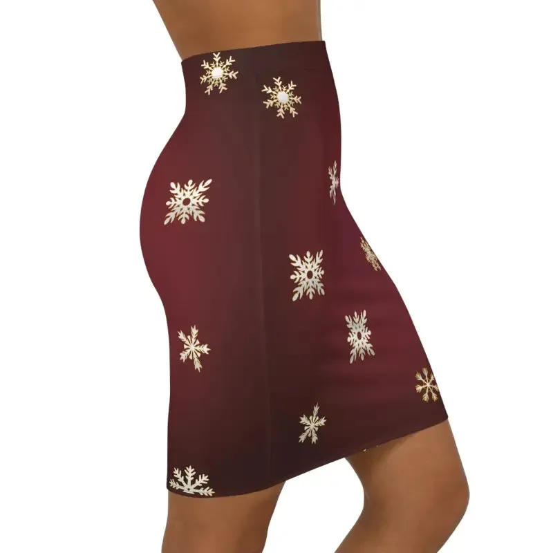Snowflakes on Maroon Womens Mini Skirt with Stretch