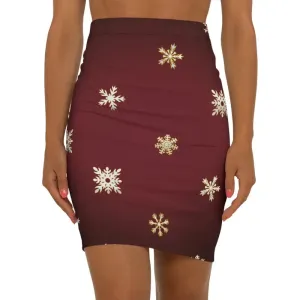 Snowflakes on Maroon Womens Mini Skirt with Stretch