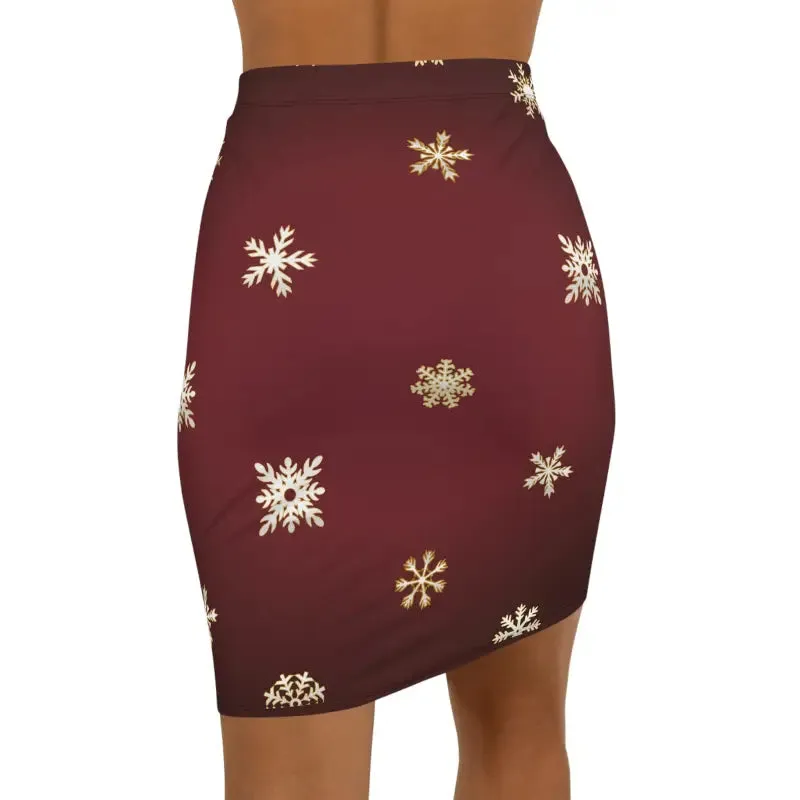 Snowflakes on Maroon Womens Mini Skirt with Stretch