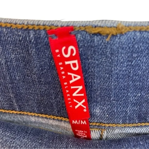 Spanx Distressed Denim Shaping Pencil Skirt High Waisted Fray Hem Size M