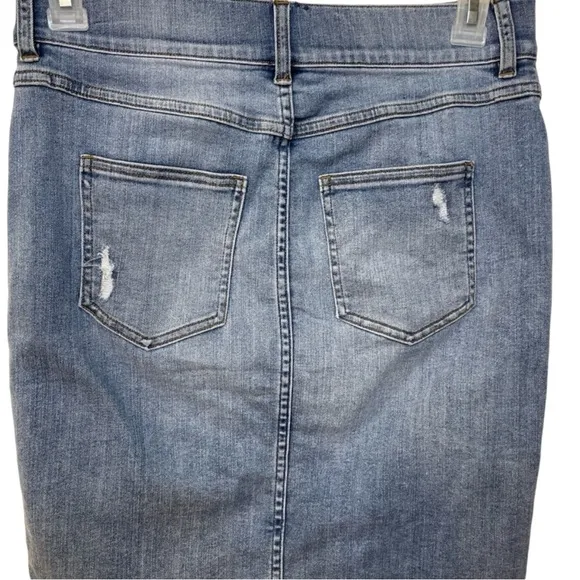 Spanx Distressed Denim Shaping Pencil Skirt High Waisted Fray Hem Size M