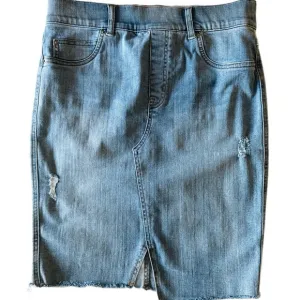 Spanx Distressed Denim Shaping Pencil Skirt High Waisted Fray Hem Size M