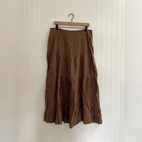 SPIEGEL Vintage Linen Long Boho Maxi Peasant Skirt Tiered Zipper Brown Size 12