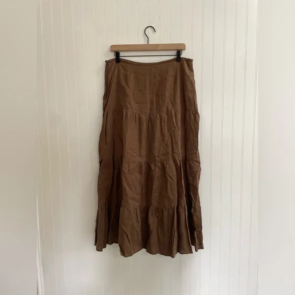 SPIEGEL Vintage Linen Long Boho Maxi Peasant Skirt Tiered Zipper Brown Size 12