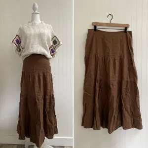 SPIEGEL Vintage Linen Long Boho Maxi Peasant Skirt Tiered Zipper Brown Size 12