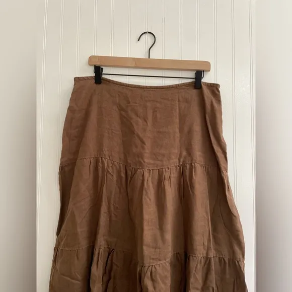 SPIEGEL Vintage Linen Long Boho Maxi Peasant Skirt Tiered Zipper Brown Size 12