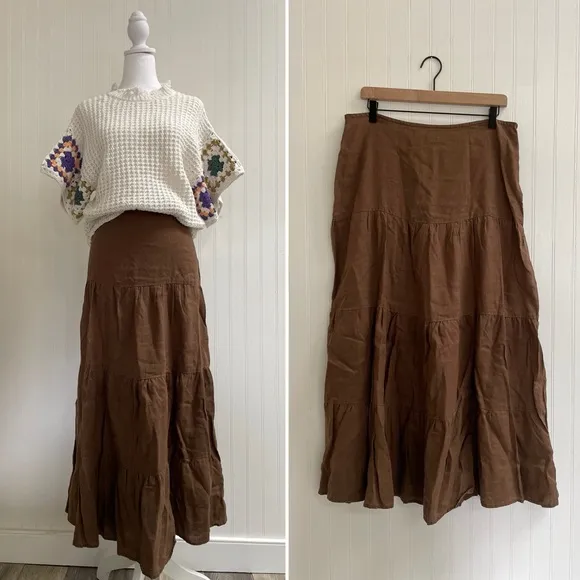 SPIEGEL Vintage Linen Long Boho Maxi Peasant Skirt Tiered Zipper Brown Size 12