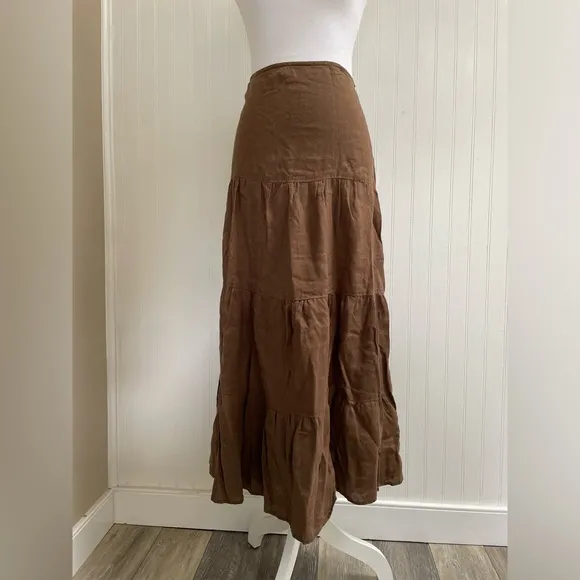 SPIEGEL Vintage Linen Long Boho Maxi Peasant Skirt Tiered Zipper Brown Size 12