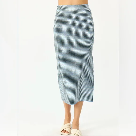 STITCHES   STRIPES Revolve Poplar Knit Midi Skirt Blue Check Pencil Size XS