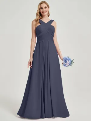 Stormy Pleated Chiffon Cross-Neck A-Line Floor Length Bridesmaid Dress