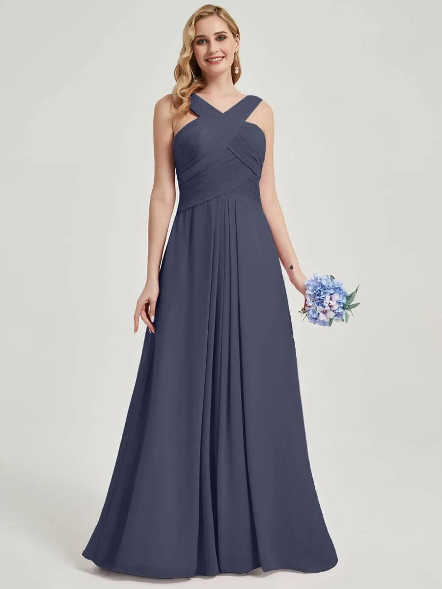 Stormy Pleated Chiffon Cross-Neck A-Line Floor Length Bridesmaid Dress