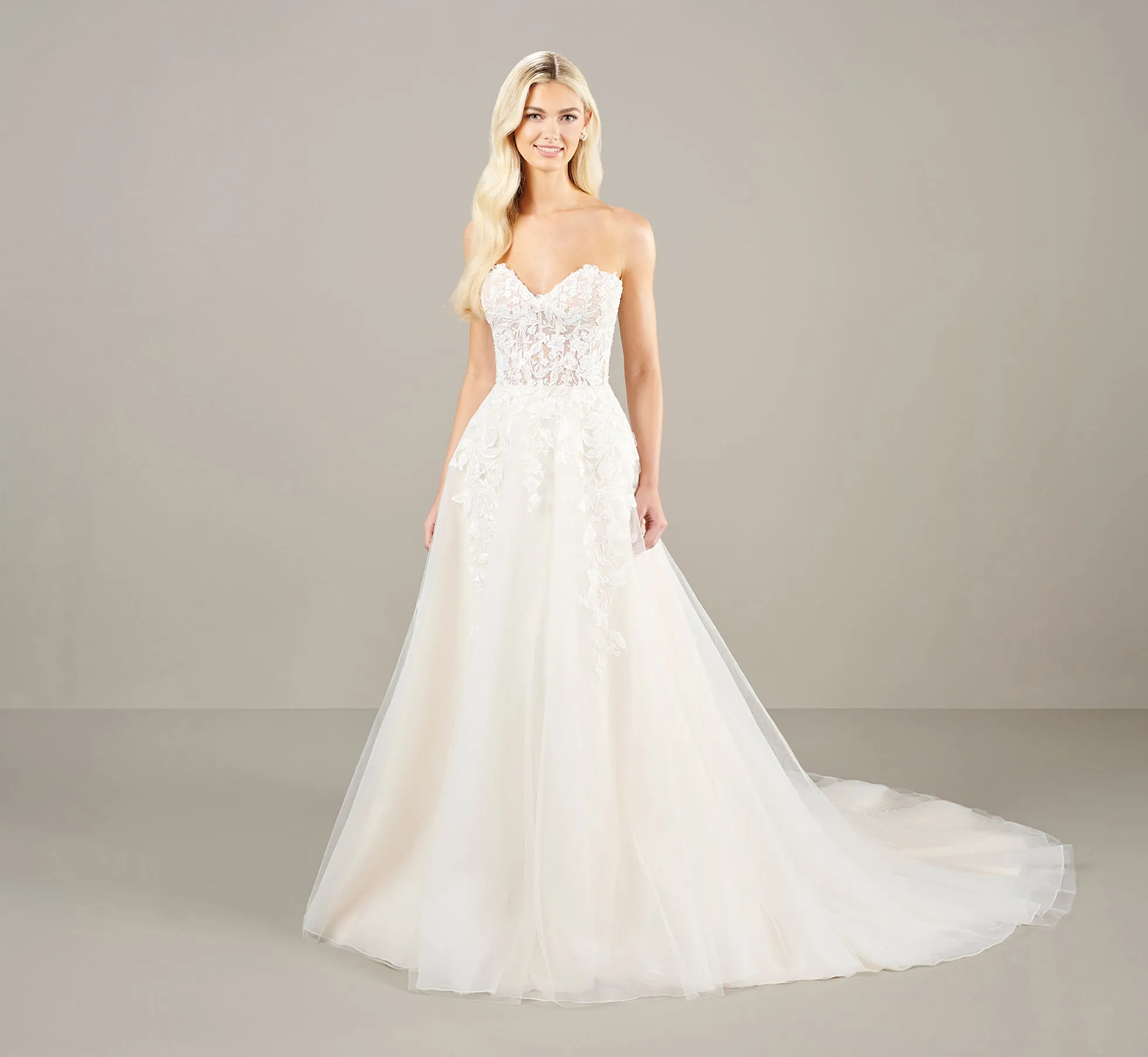 Strapless Lace Applique A Line With Detachable Sleeve Gown In Ivory Almond