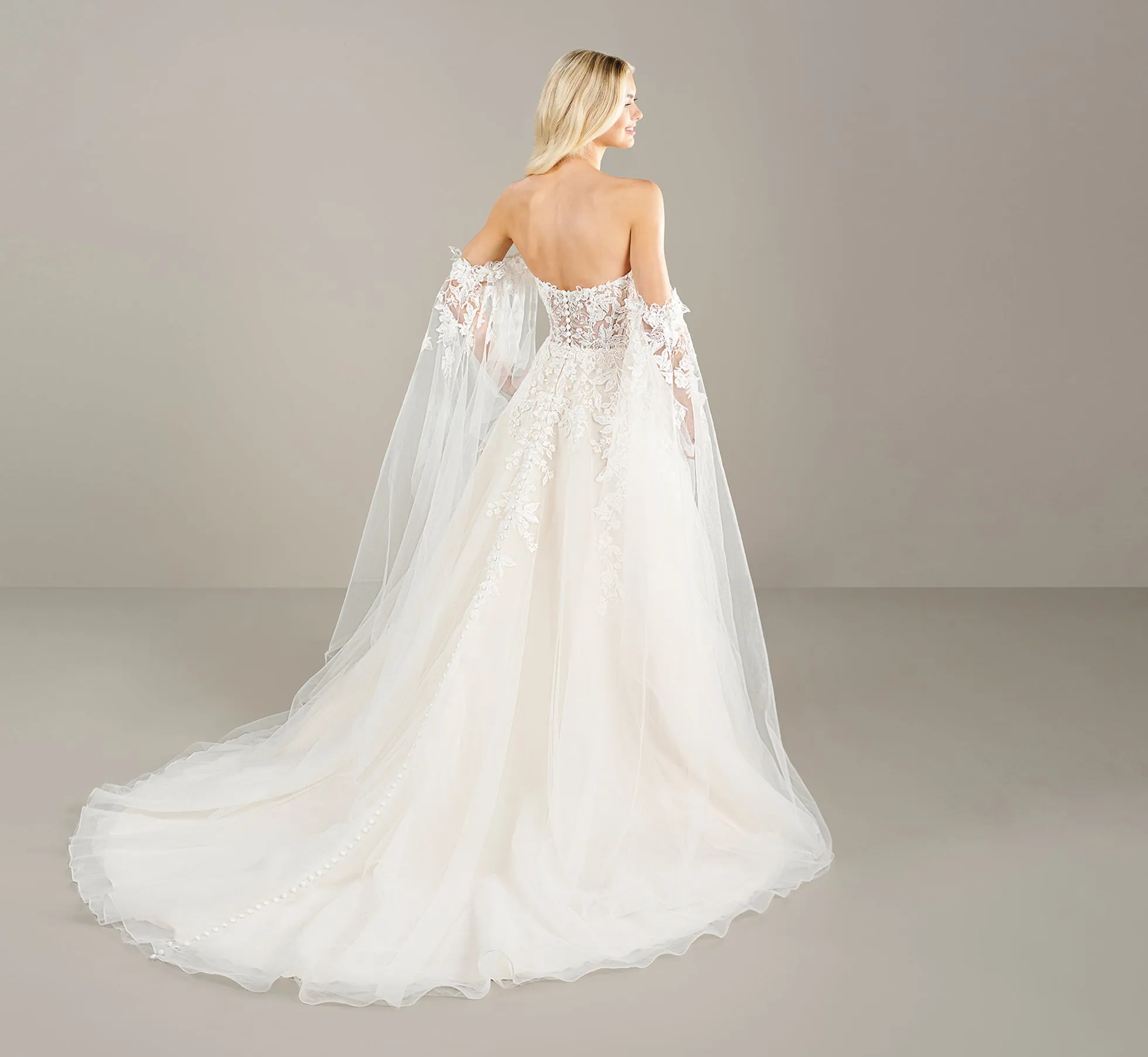 Strapless Lace Applique A Line With Detachable Sleeve Gown In Ivory Almond