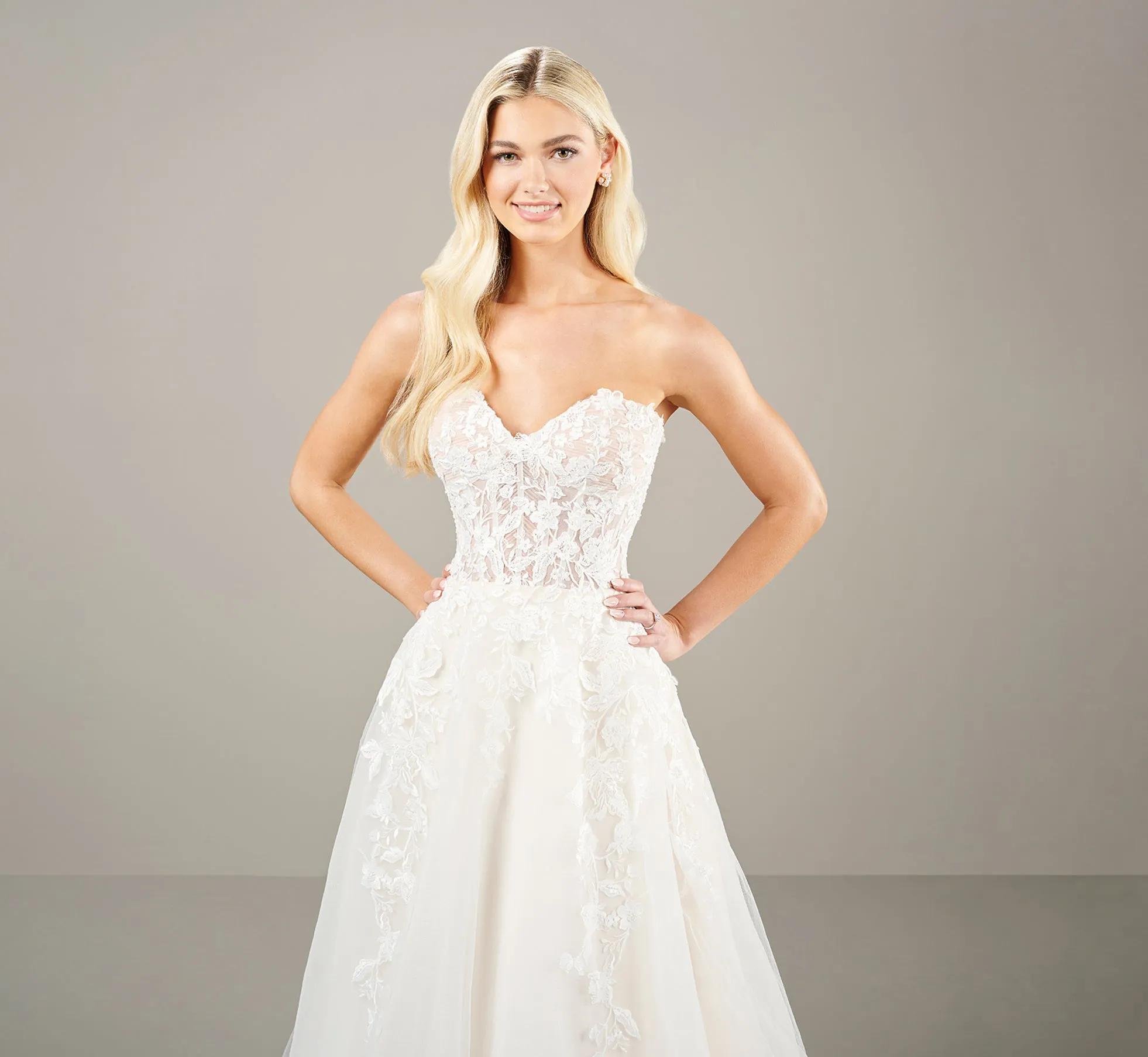 Strapless Lace Applique A Line With Detachable Sleeve Gown In Ivory Almond
