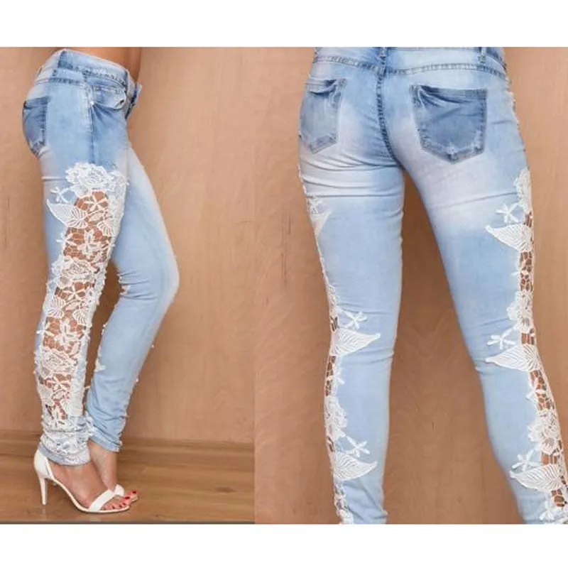 Stretch Lace Floral Side Spliced Denim Pants