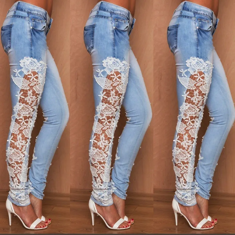 Stretch Lace Floral Side Spliced Denim Pants