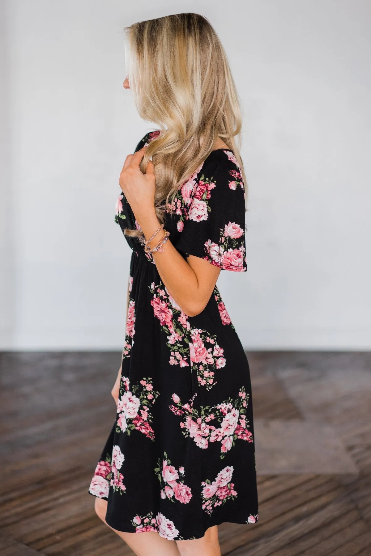 Summer Delight Floral Dress- Black