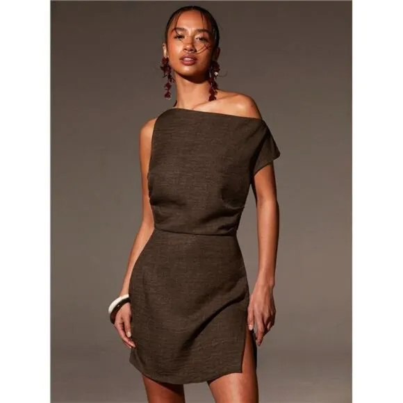 Summer Fashionable Solid Color Asymmetric Neck Side Split Mini Dress