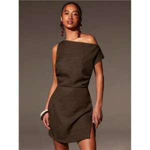 Summer Fashionable Solid Color Asymmetric Neck Side Split Mini Dress
