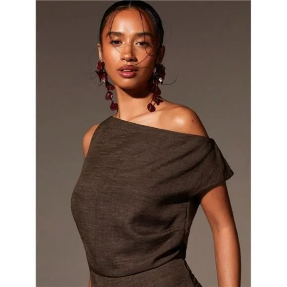 Summer Fashionable Solid Color Asymmetric Neck Side Split Mini Dress