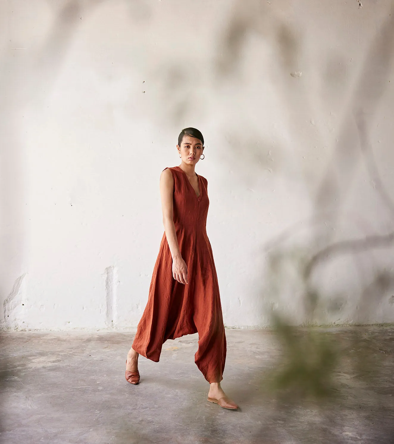 Summer Jumpsuit Linen V neck-Red-Fashion Edit Indian Summer-KW790-Khara Kapas