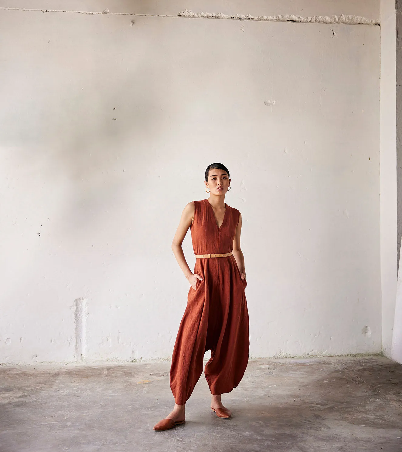 Summer Jumpsuit Linen V neck-Red-Fashion Edit Indian Summer-KW790-Khara Kapas