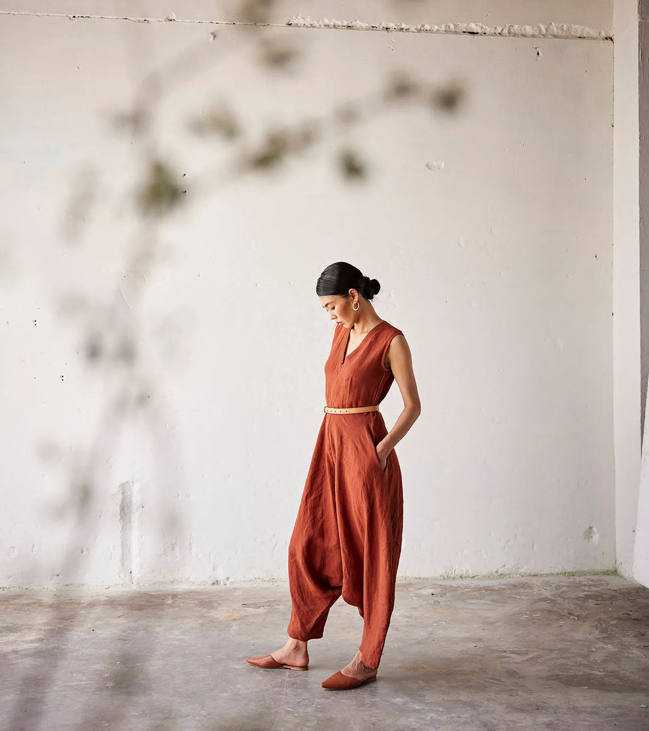 Summer Jumpsuit Linen V neck-Red-Fashion Edit Indian Summer-KW790-Khara Kapas