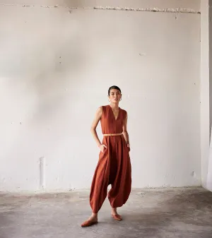 Summer Jumpsuit Linen V neck-Red-Fashion Edit Indian Summer-KW790-Khara Kapas