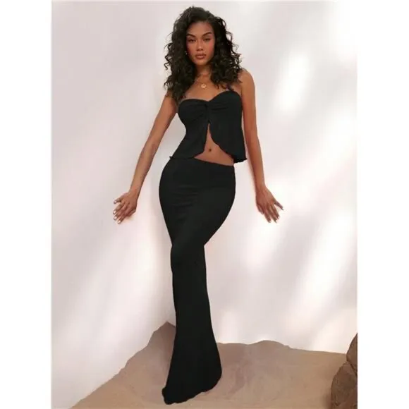 Summer Vacation Solid Color Knitted Slim Fit 2pcs Women's Set