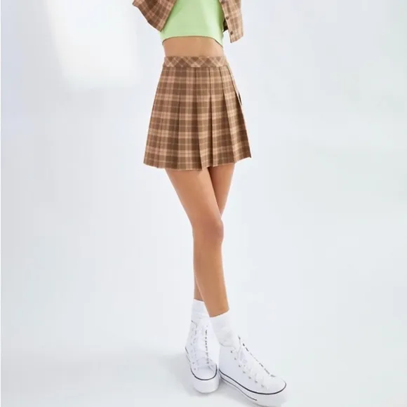 Sunday Best Aritzia Mini 15” Pleated Skirt S Tan Plaid School Academia Preppy