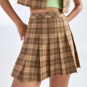 Sunday Best Aritzia Mini 15” Pleated Skirt S Tan Plaid School Academia Preppy
