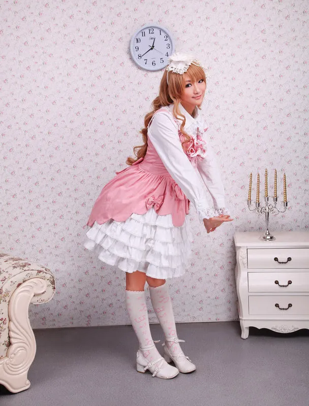 Sweet Pink White Cotton Lolita Jumper Skirt Lace Up Layered Ruffles Bows