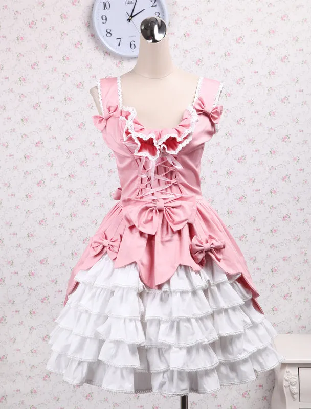 Sweet Pink White Cotton Lolita Jumper Skirt Lace Up Layered Ruffles Bows