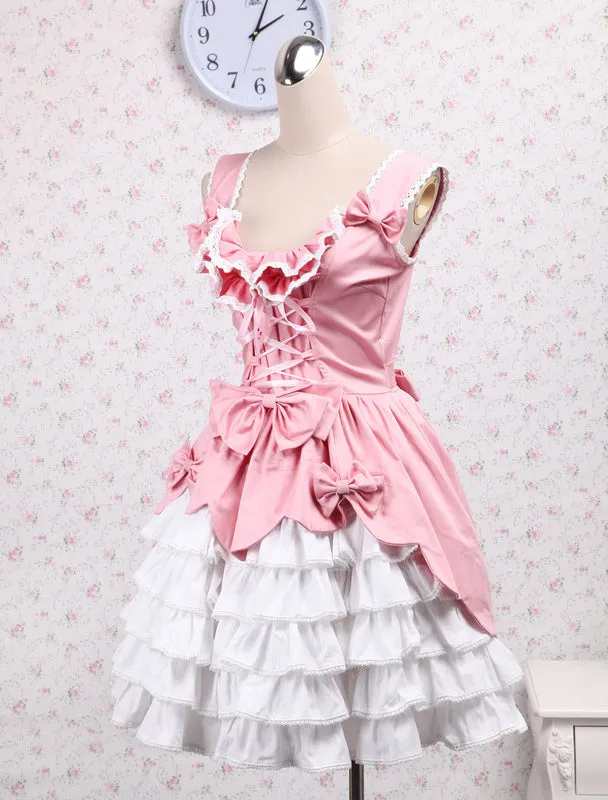 Sweet Pink White Cotton Lolita Jumper Skirt Lace Up Layered Ruffles Bows