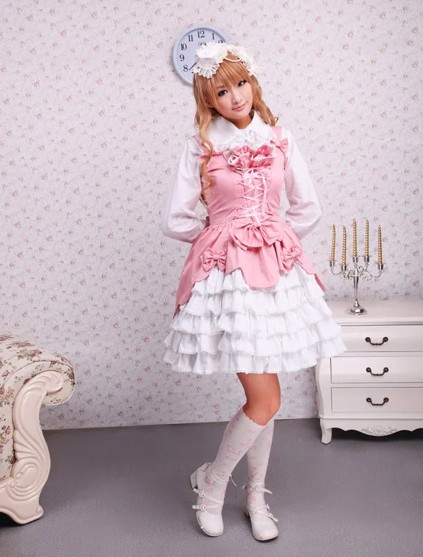 Sweet Pink White Cotton Lolita Jumper Skirt Lace Up Layered Ruffles Bows