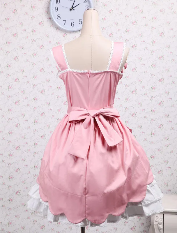 Sweet Pink White Cotton Lolita Jumper Skirt Lace Up Layered Ruffles Bows
