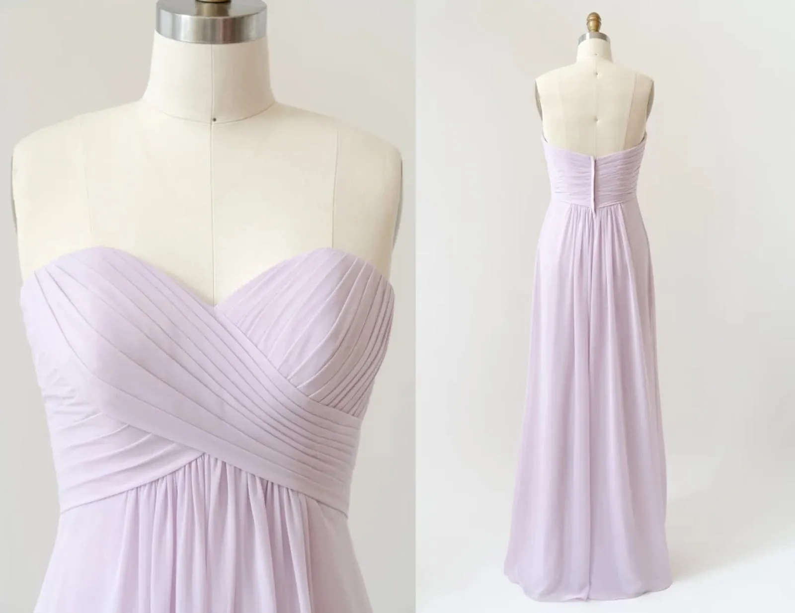 Sweetheart Strapless Pleated Chiffon A-line Long Lilac Bridesmaid Dress