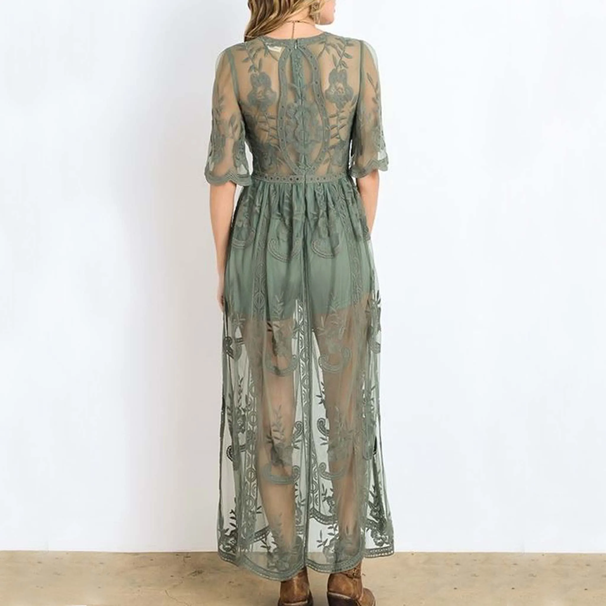 Tainted Rose Lace Maxi Dress in Sage
