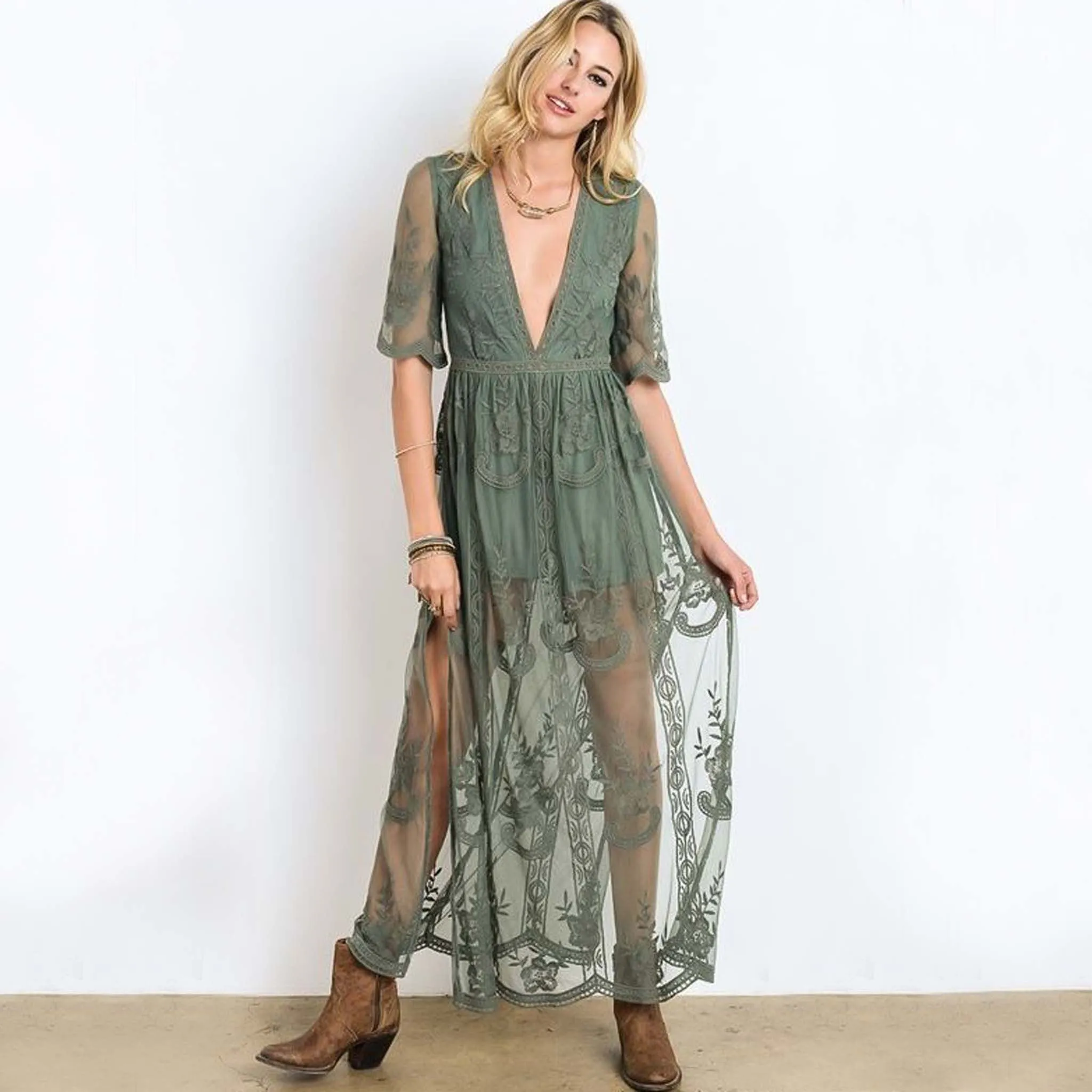 Tainted Rose Lace Maxi Dress in Sage