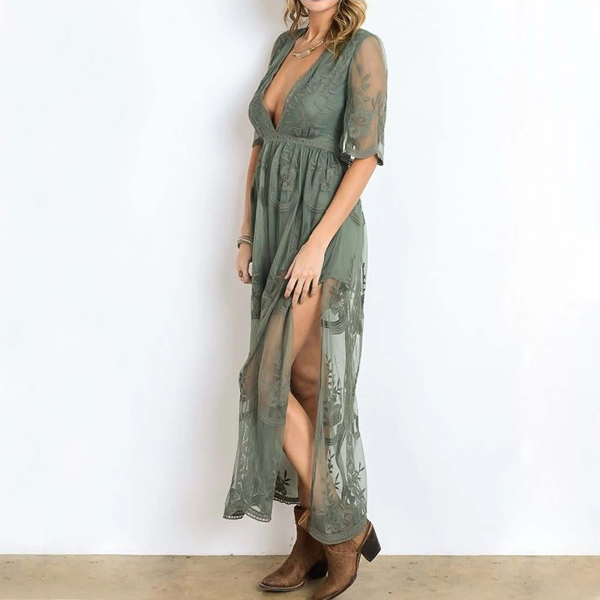 Tainted Rose Lace Maxi Dress in Sage