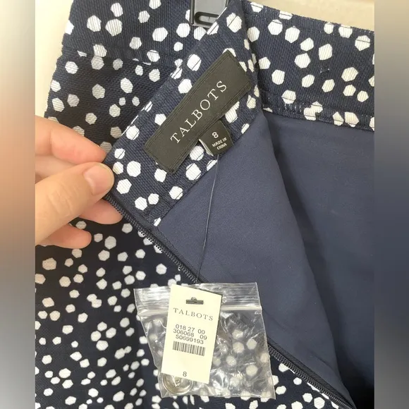 Talbots Pencil Skirt Faux Wrap Button Stretch Cotton Blend Navy White Size 8 NWT