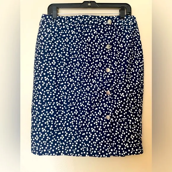 Talbots Pencil Skirt Faux Wrap Button Stretch Cotton Blend Navy White Size 8 NWT
