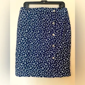 Talbots Pencil Skirt Faux Wrap Button Stretch Cotton Blend Navy White Size 8 NWT
