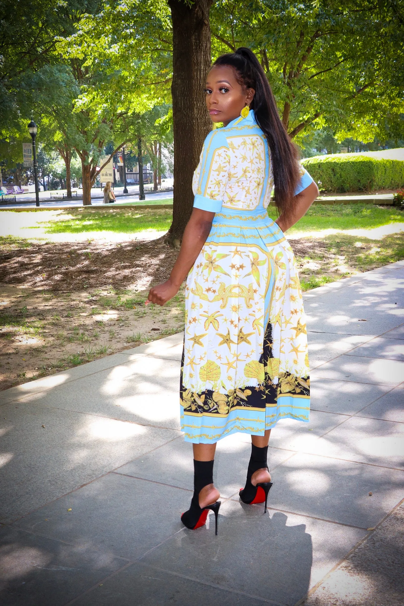 Talia Sky Blue White Multi Color Print Pleated Dress
