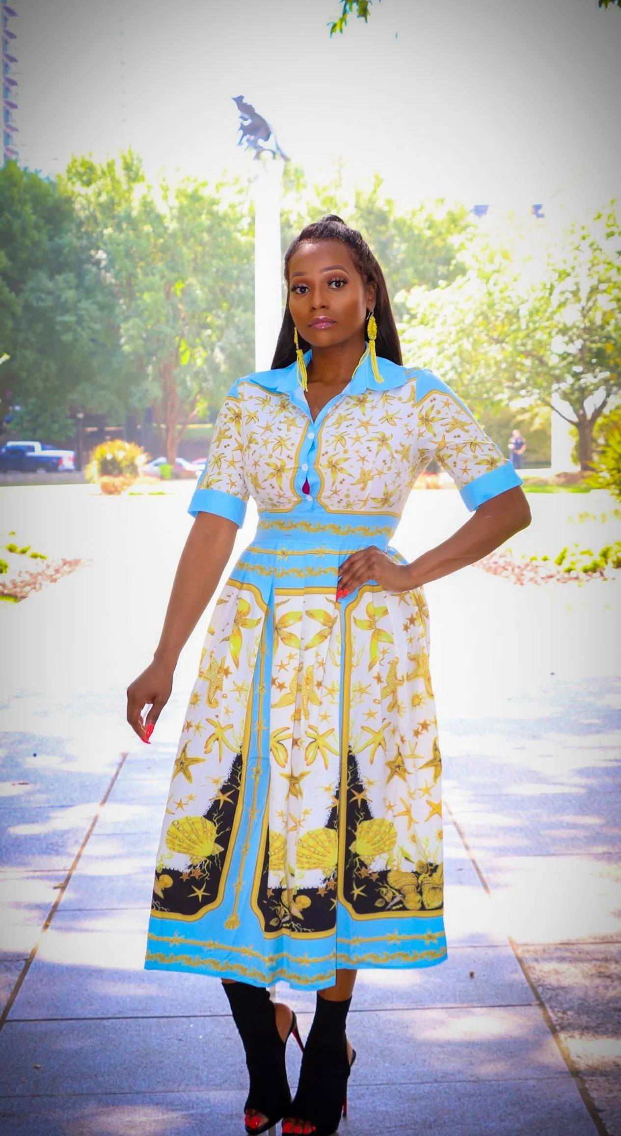 Talia Sky Blue White Multi Color Print Pleated Dress