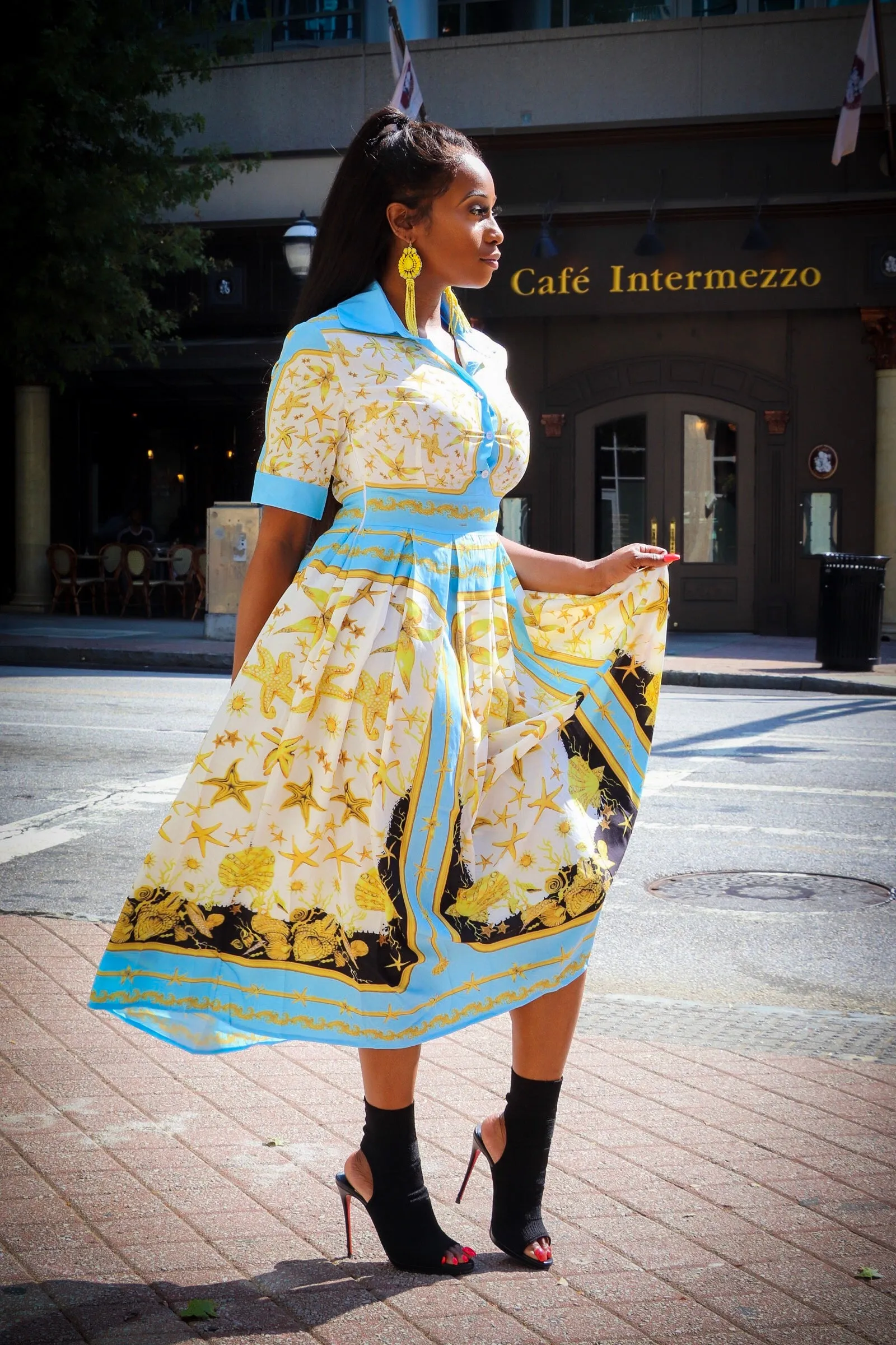 Talia Sky Blue White Multi Color Print Pleated Dress