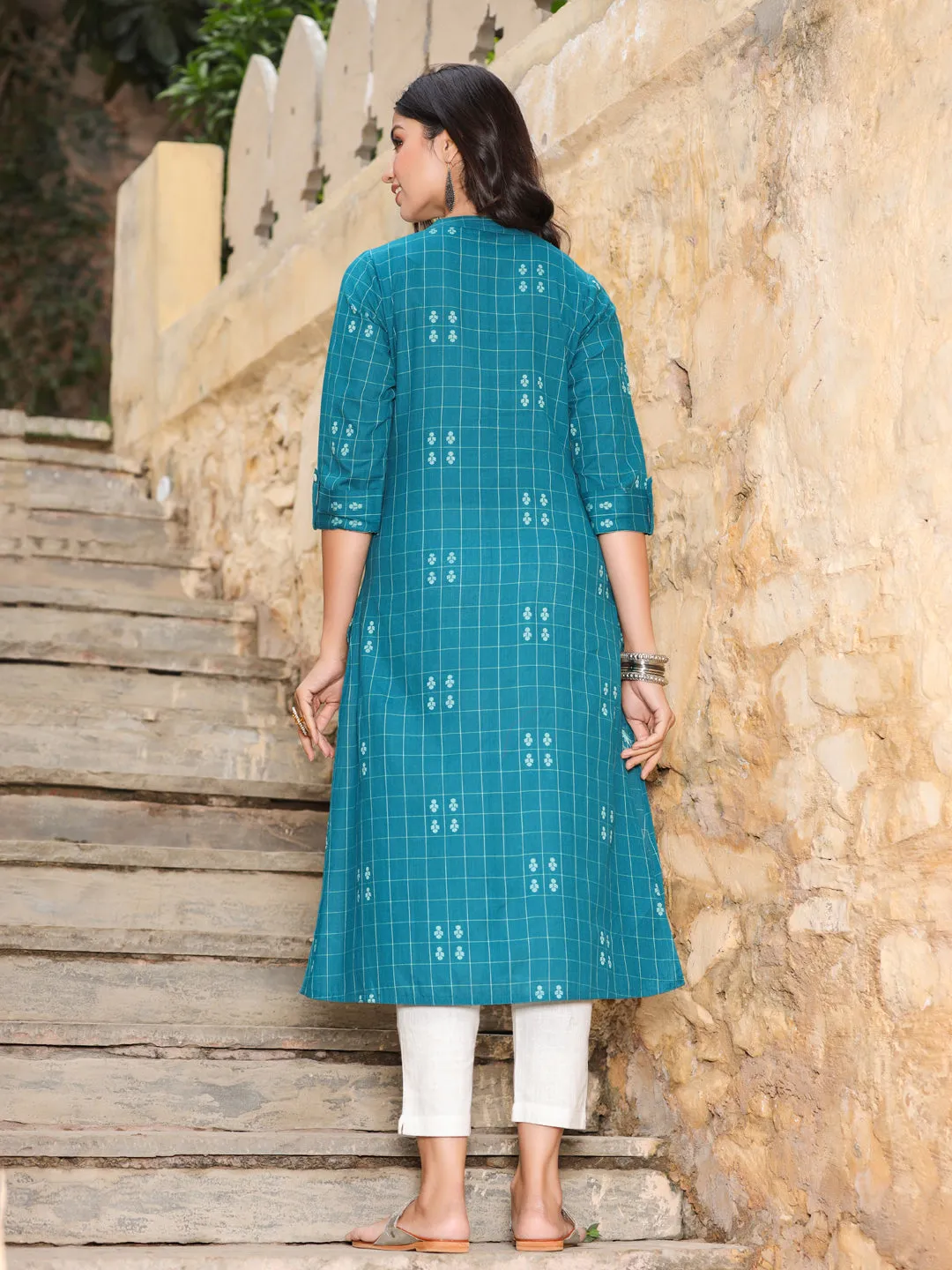 Teal Blue Checks Cotton Flared Kurta