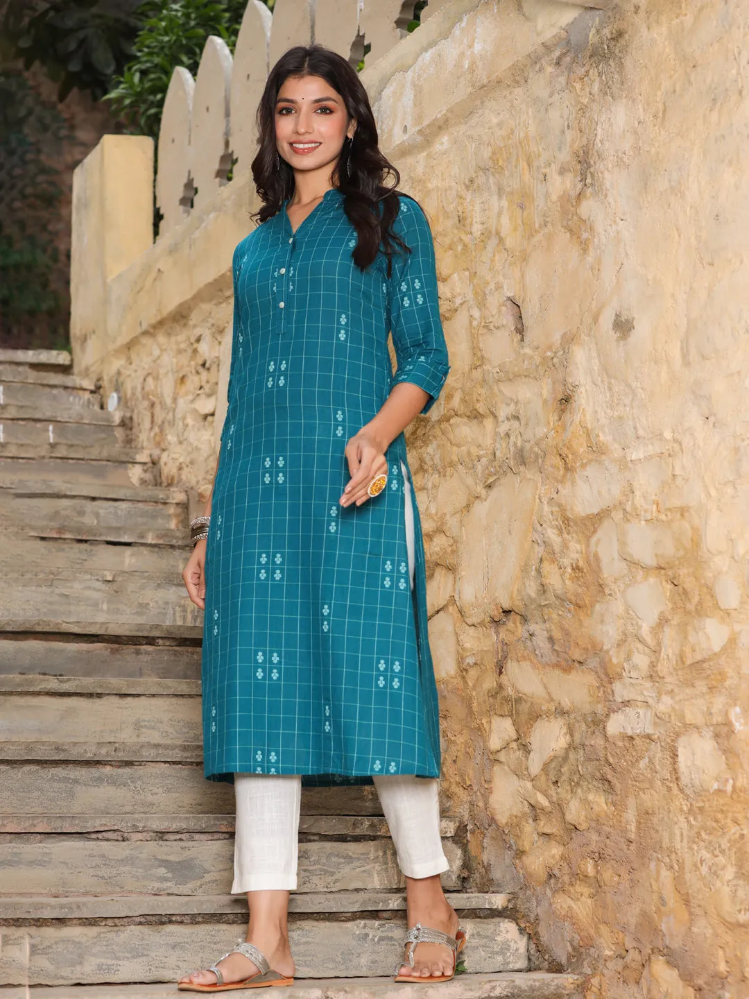 Teal Blue Checks Cotton Flared Kurta