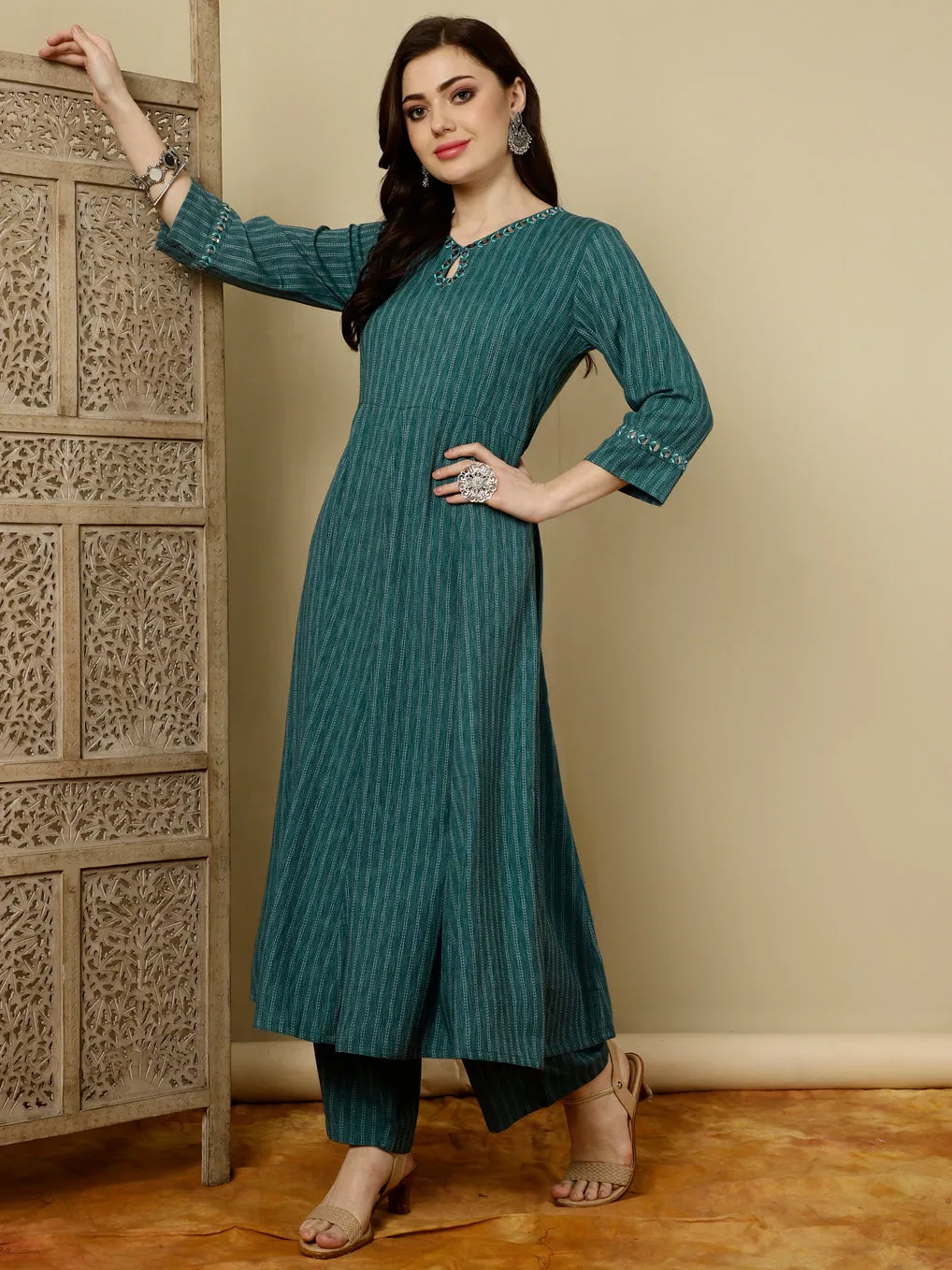 Teal Mirror Work A-line Kurta With Palazzo